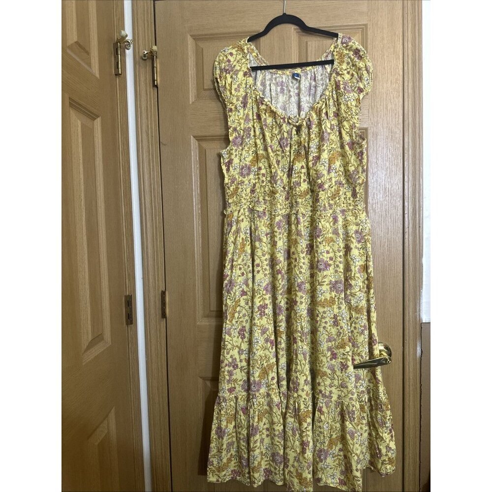 Old Navy Women’s Yellow Floral Boho Midi Dress Size 3X Smocked Waist Cottagecore - Picture 1 of 10